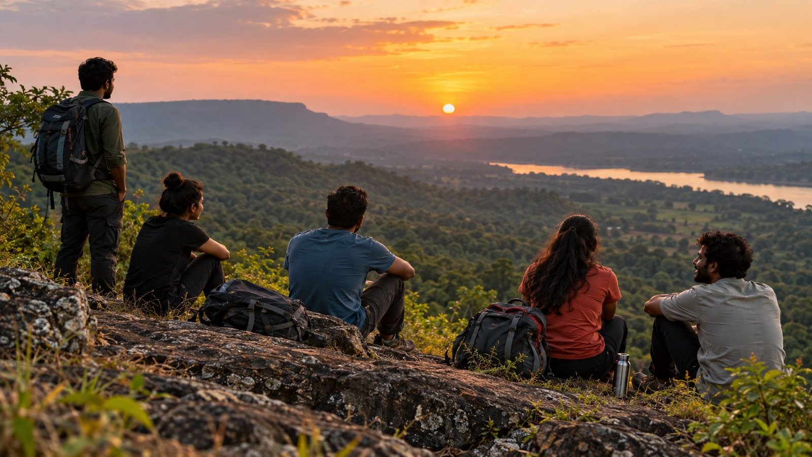 Illustrative group of friends gathered outdoors at sunset