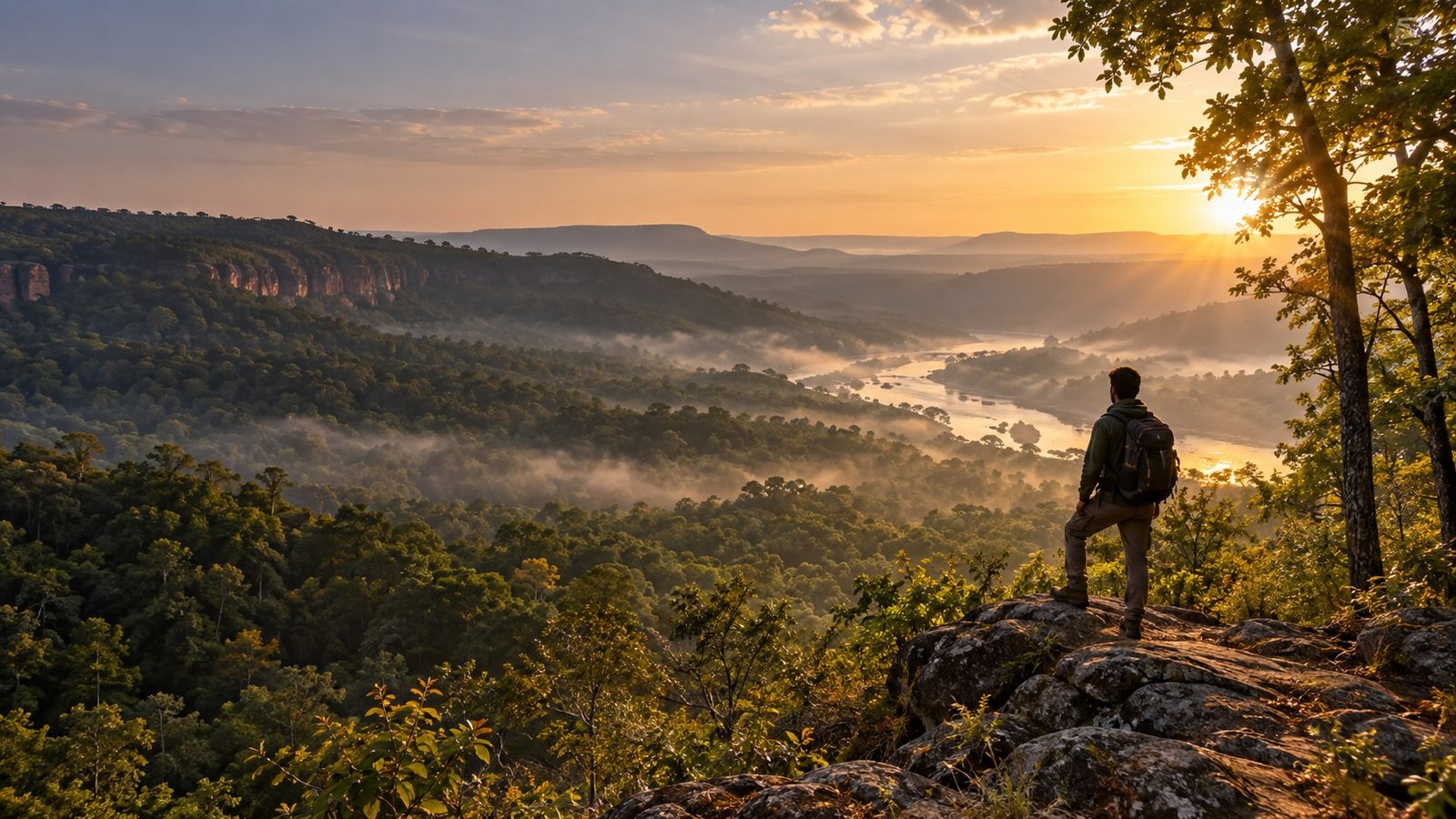 AI-generated sunrise across forested central Indian hills