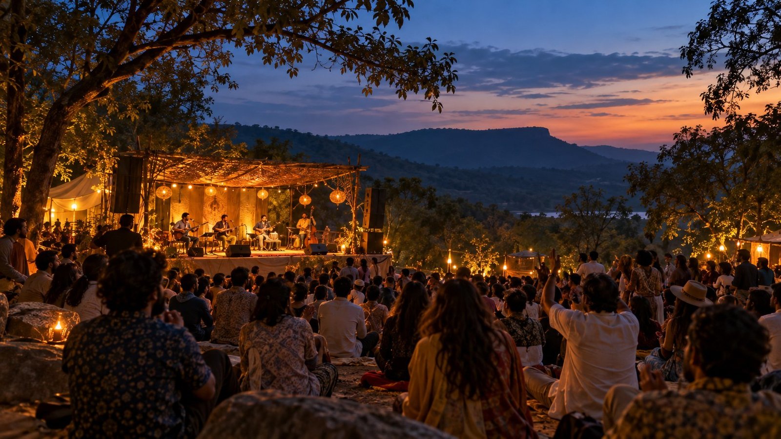 AI-generated illustrative open-air music gathering; concept artwork, not an event photo